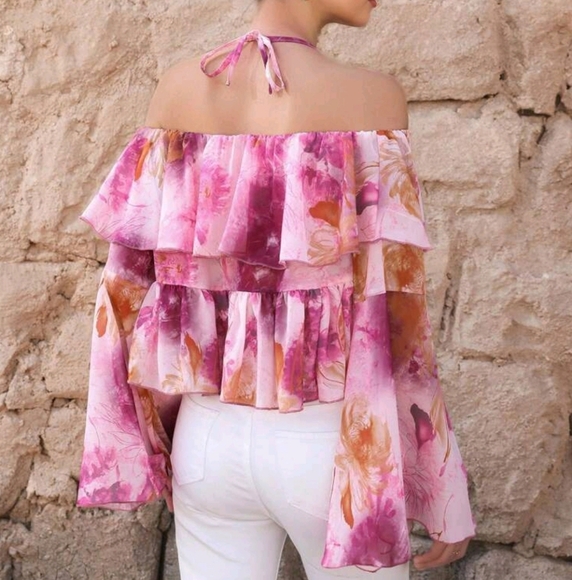 Elegant French Floral Print Ruffle Trim Loose Fit Asymmetric Neck Long Sleeve - Picture 2 of 4